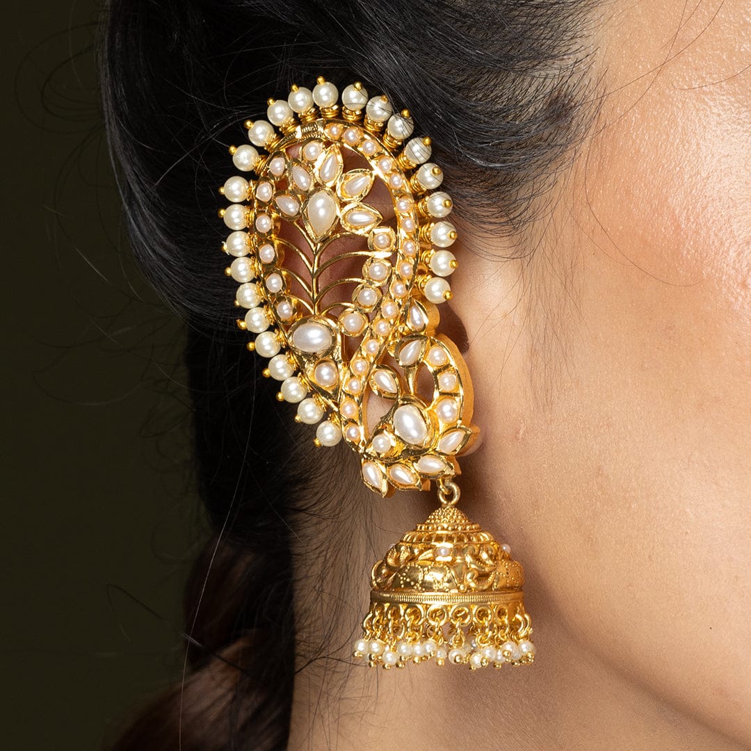 2 in 1 White and Gold Bridal cuff Earrings - Image 3
