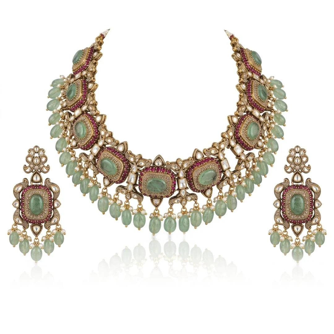 Antique Green Choker Necklace Set - Image 3