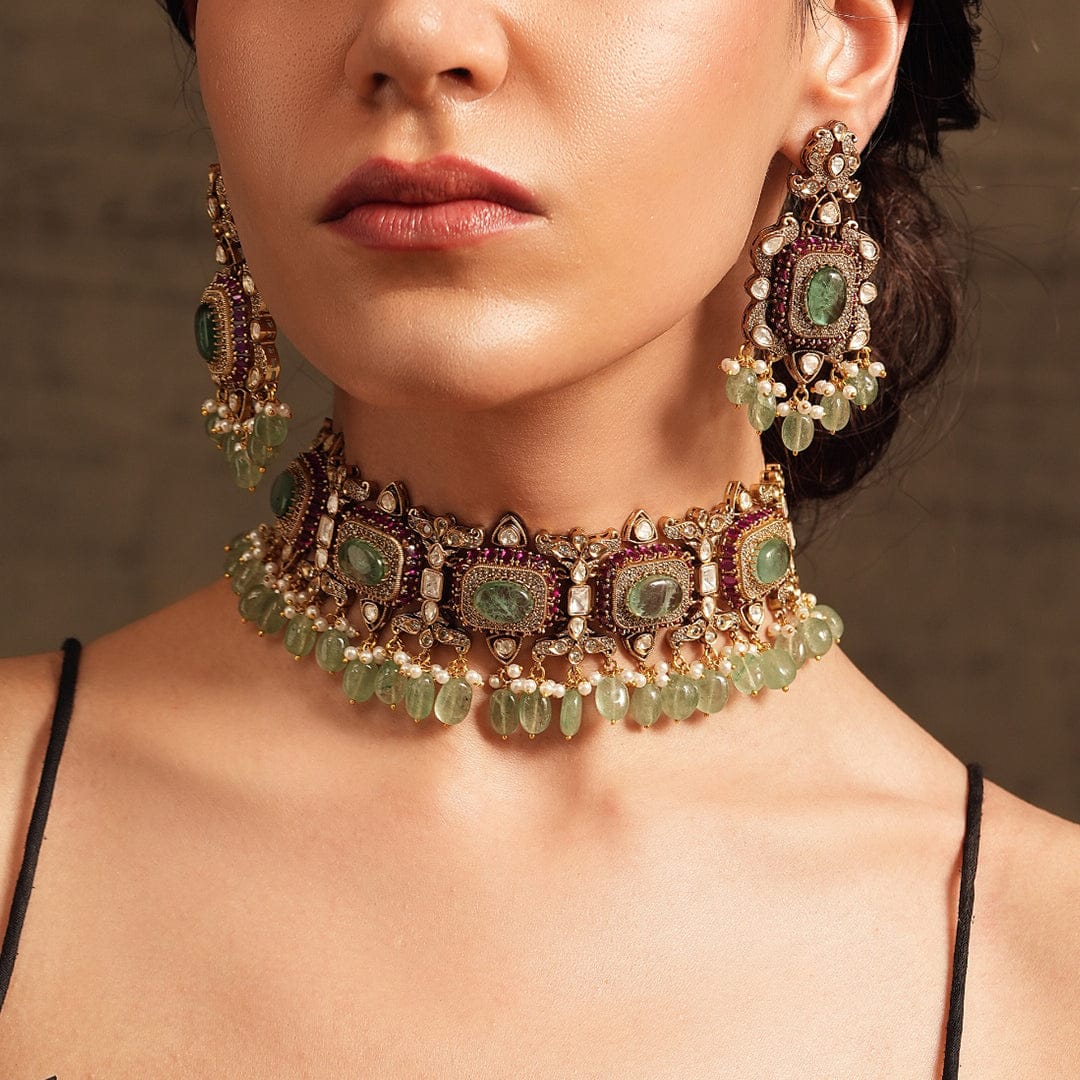 Antique Green Choker Necklace Set - Image 4