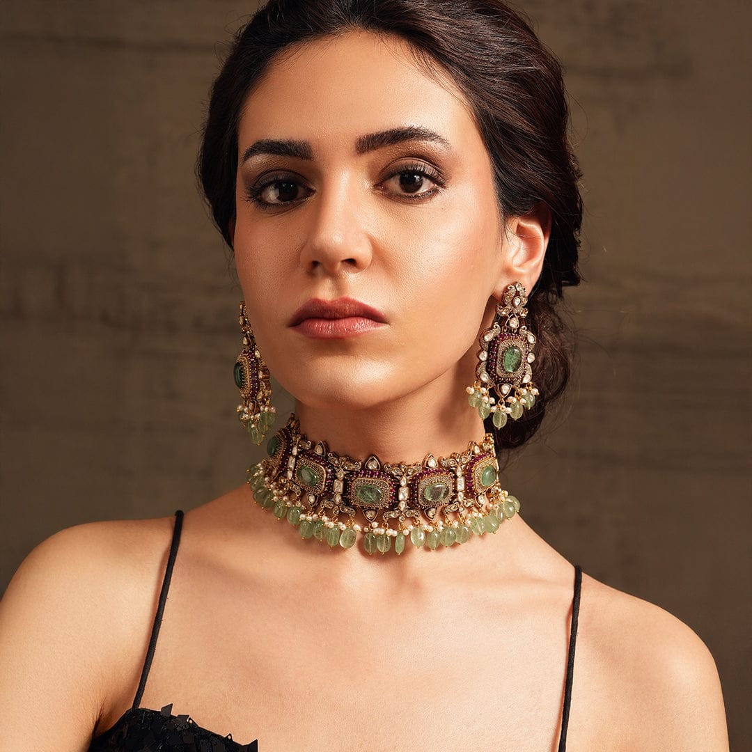 Antique Green Choker Necklace Set - Image 5