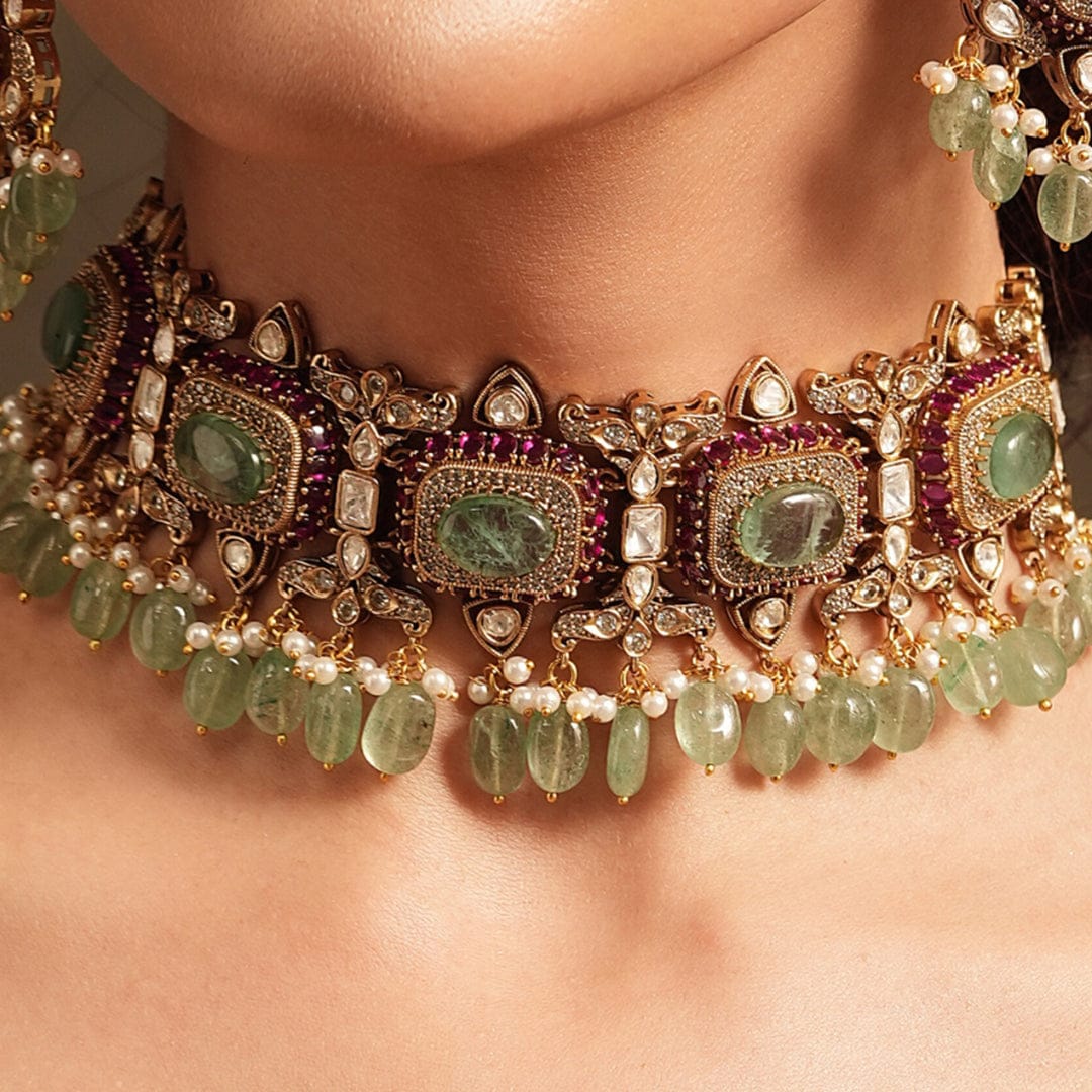 Antique Green Choker Necklace Set - Image 6