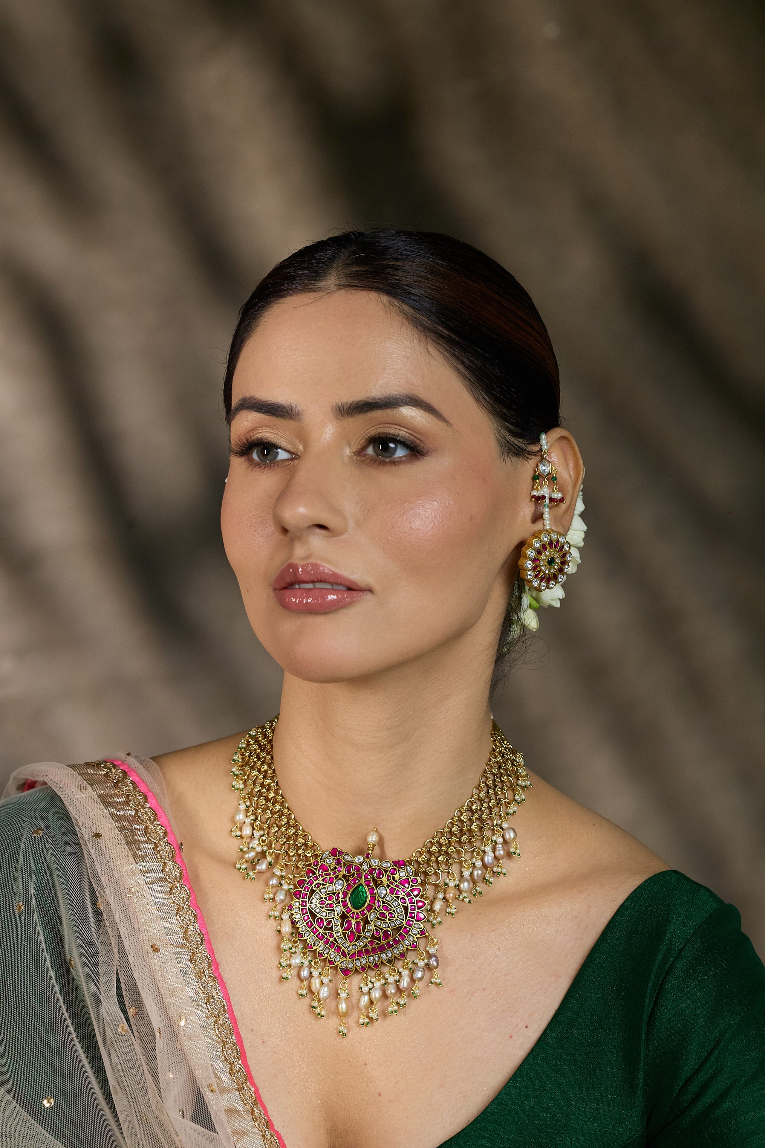 Antique Kundan Pearl Hoop Earrings - Image 3