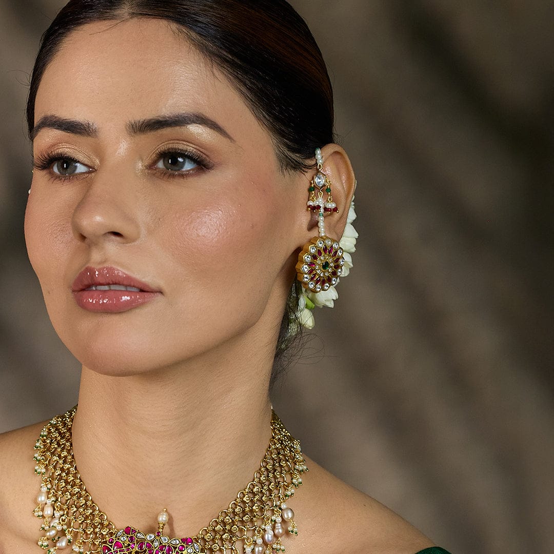 Antique Kundan Pearl Hoop Earrings - Image 4