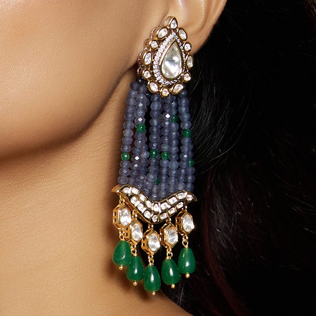 Blue Beaded Gold Tone Earring - Image 3
