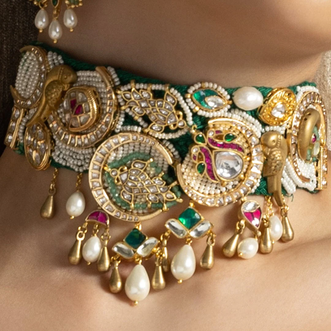 Multi Colour Timeless Choker Set With Pearls - Image 3