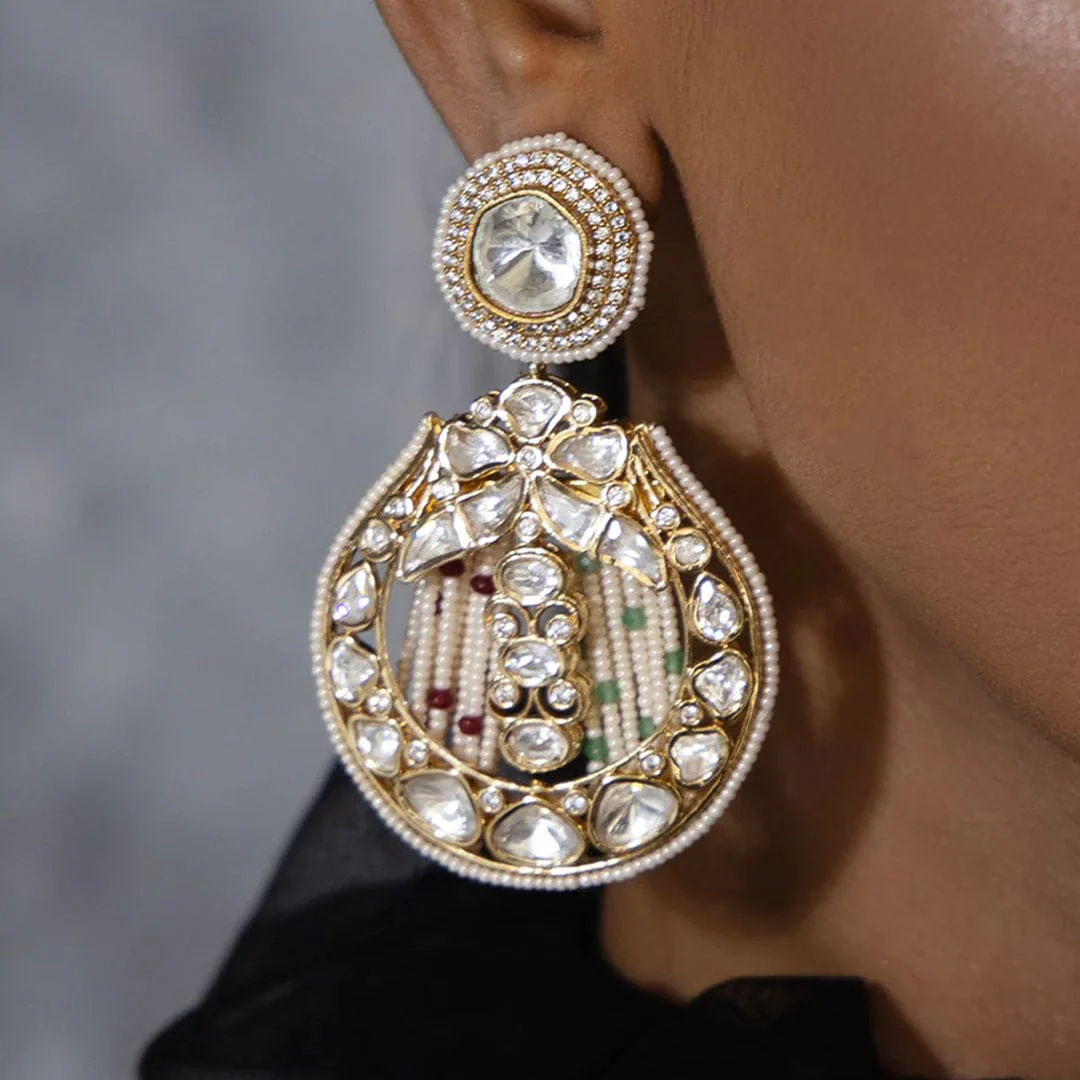 Polki And Pearl Drop Earrings - Image 3