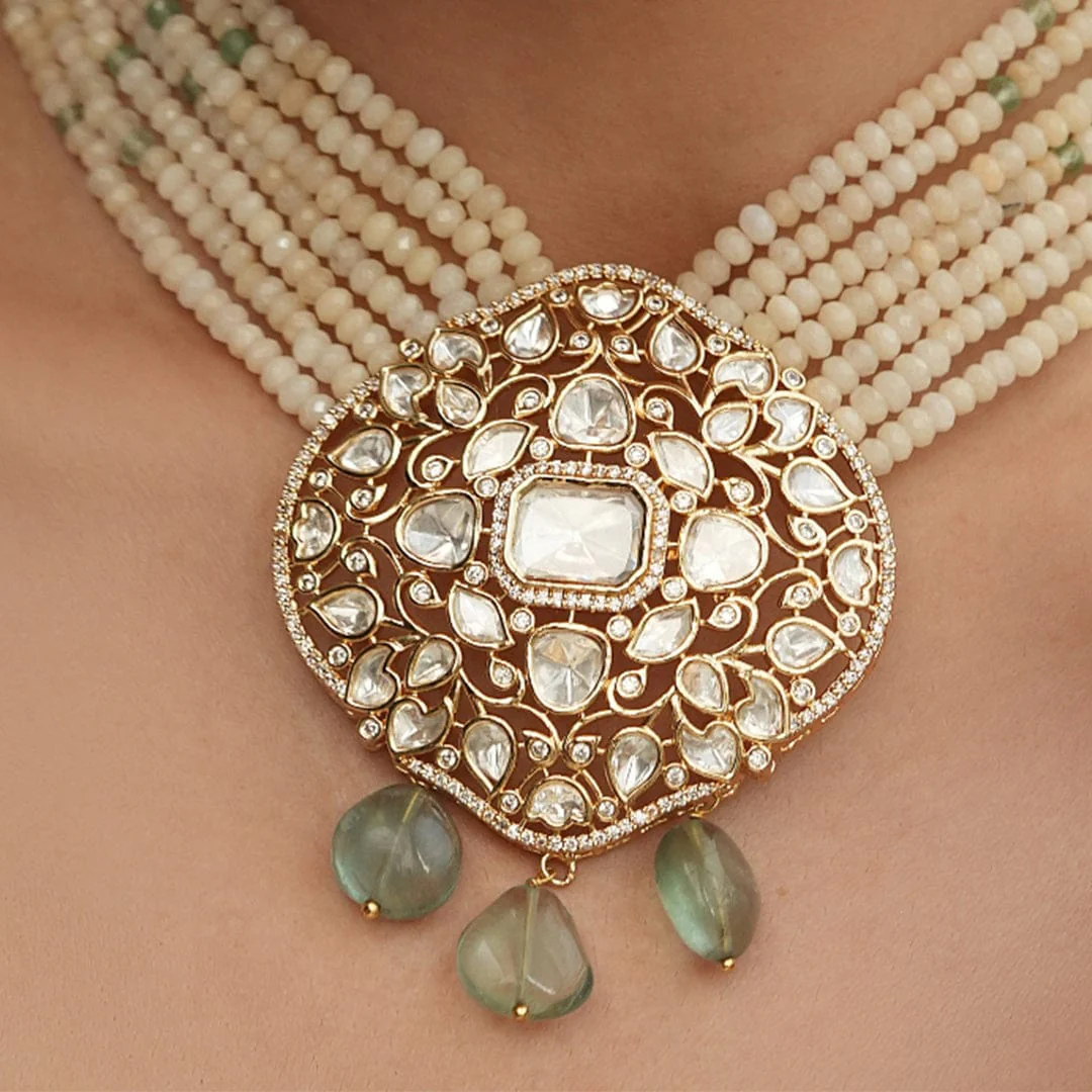 Cream Polki Bead Necklace Set - Image 3