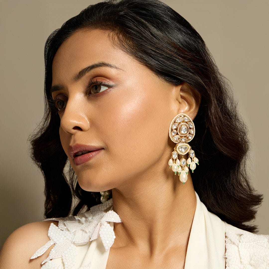 Delicate Pearl Polki Dangle Earring - Image 3