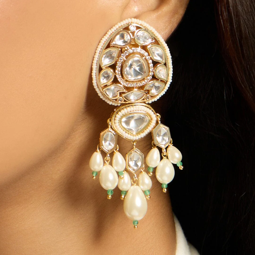 Delicate Pearl Polki Dangle Earring - Image 4