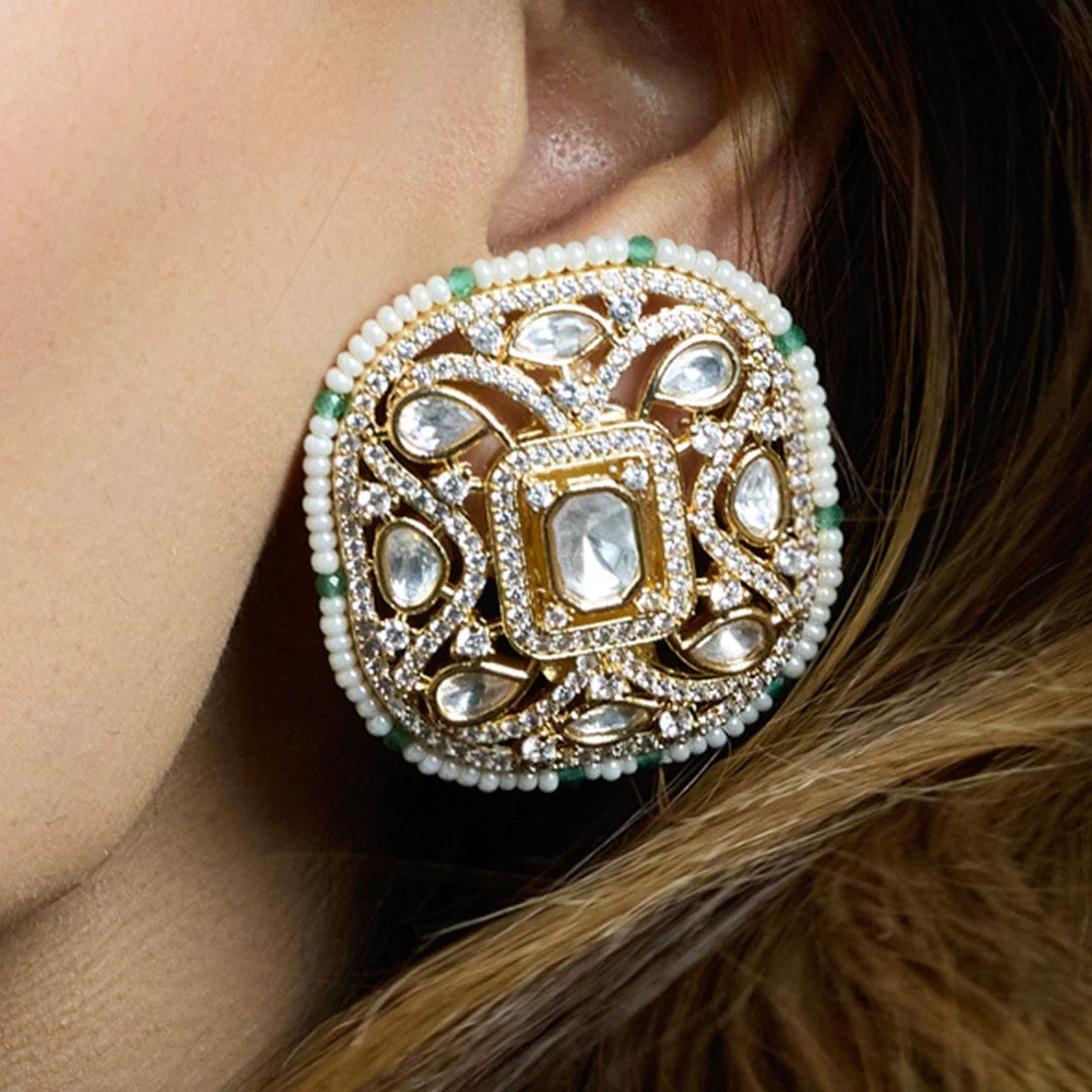 Emerald Bloom Polki Stud Earrings - Image 3