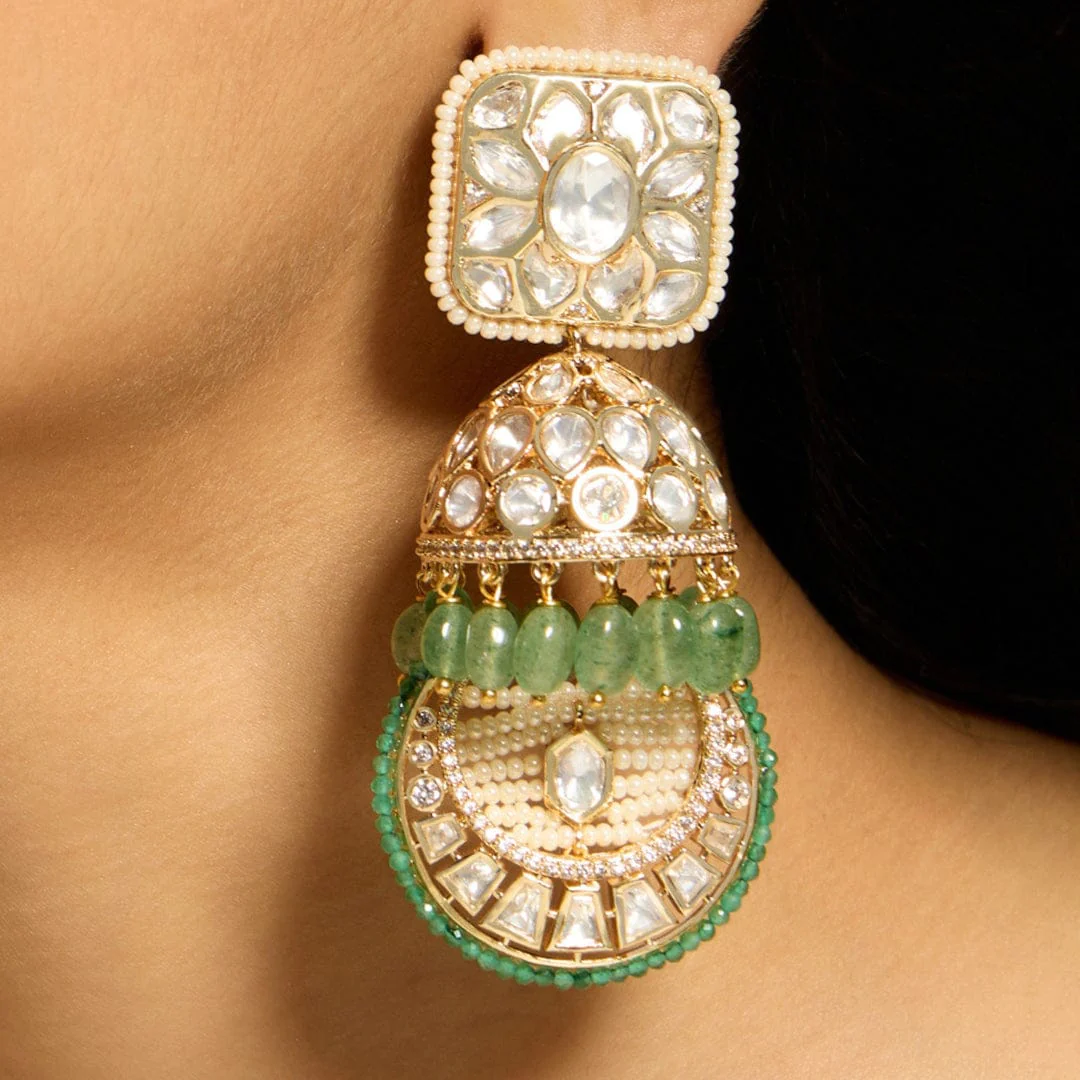 Exquisite Green Bead Polki Jhumka Earring - Image 3