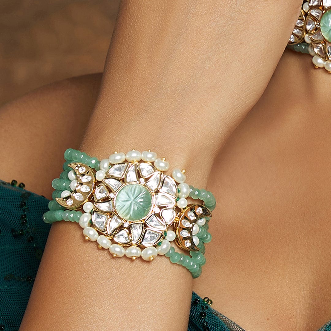 Gold Tone Green Polki Bracelet - Image 3