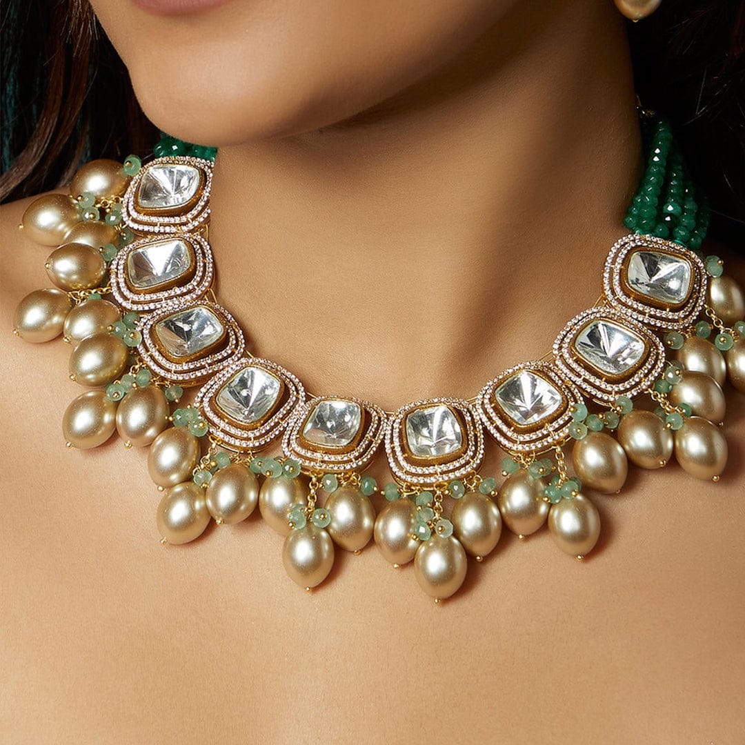 Gold Tone Kundan Polki Biege Necklace Set - Image 5