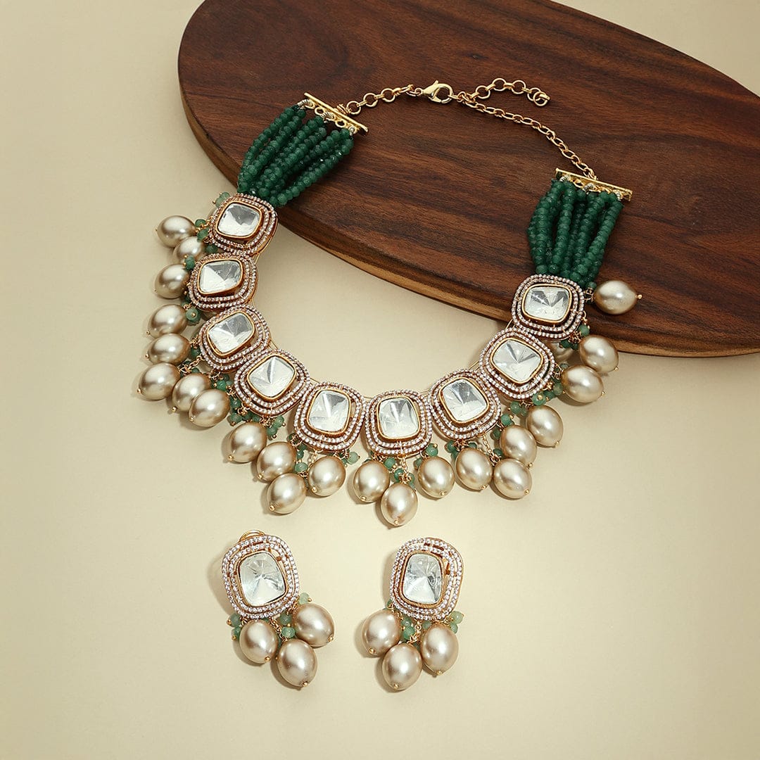 Gold Tone Kundan Polki Biege Necklace Set - Image 6