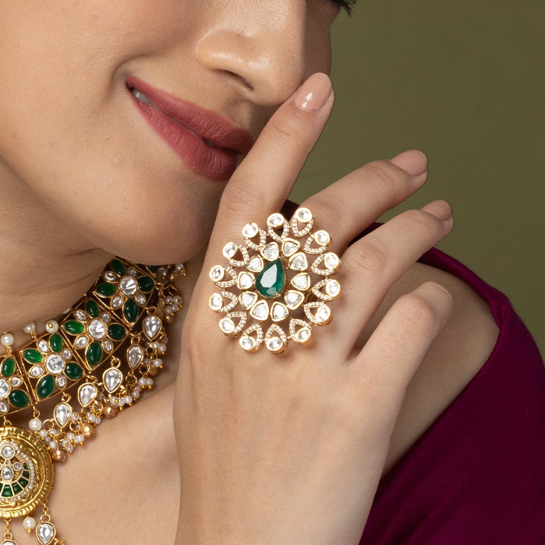 Green and White Peacock Statement Ring