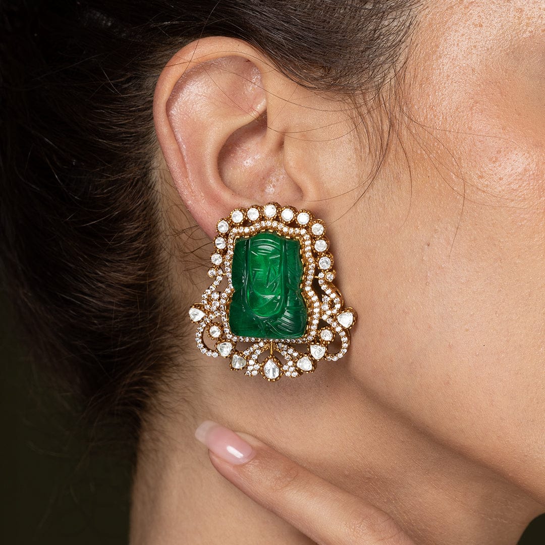 Green Carved Jade Stud Earrings