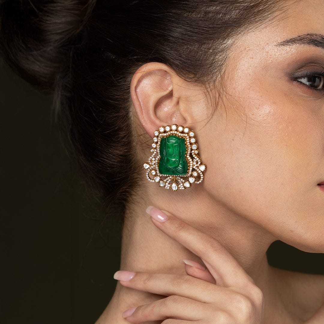 Green Carved Jade Stud Earrings - Image 2
