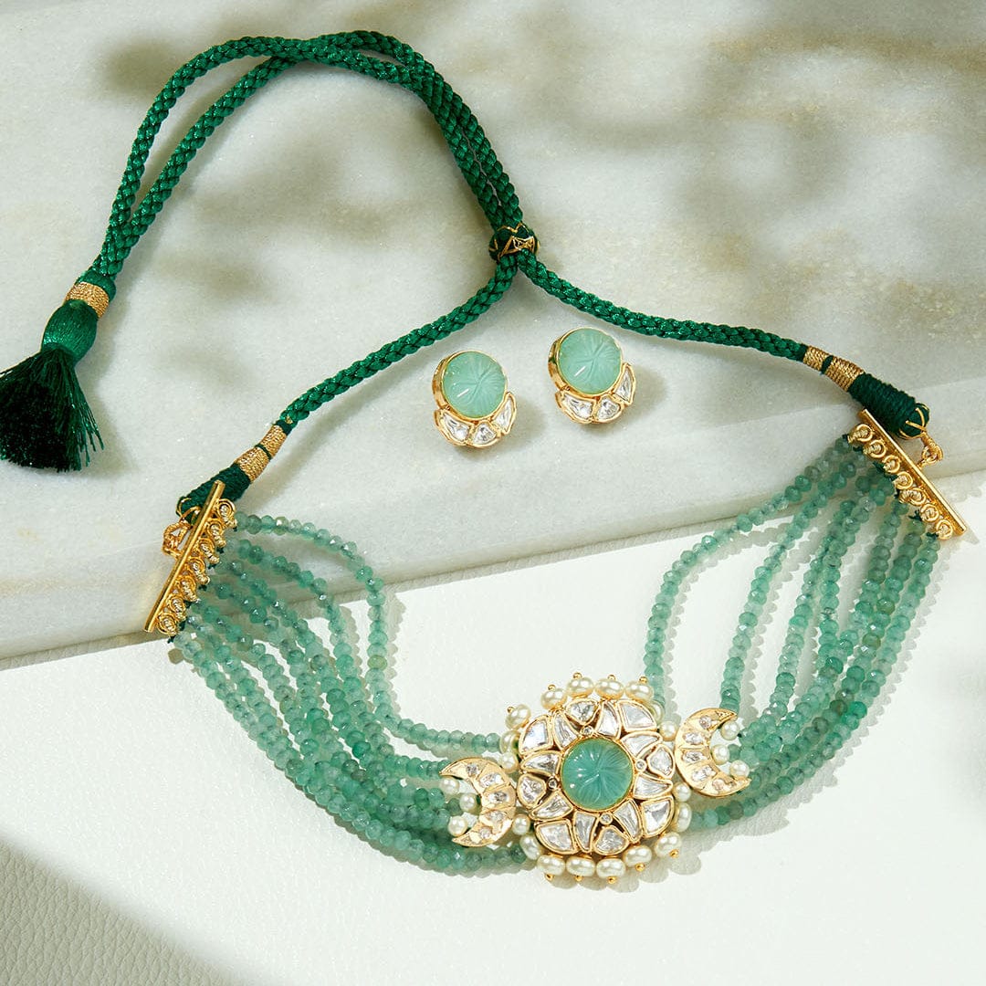 Green & Golden Polki Necklace Set - Image 3
