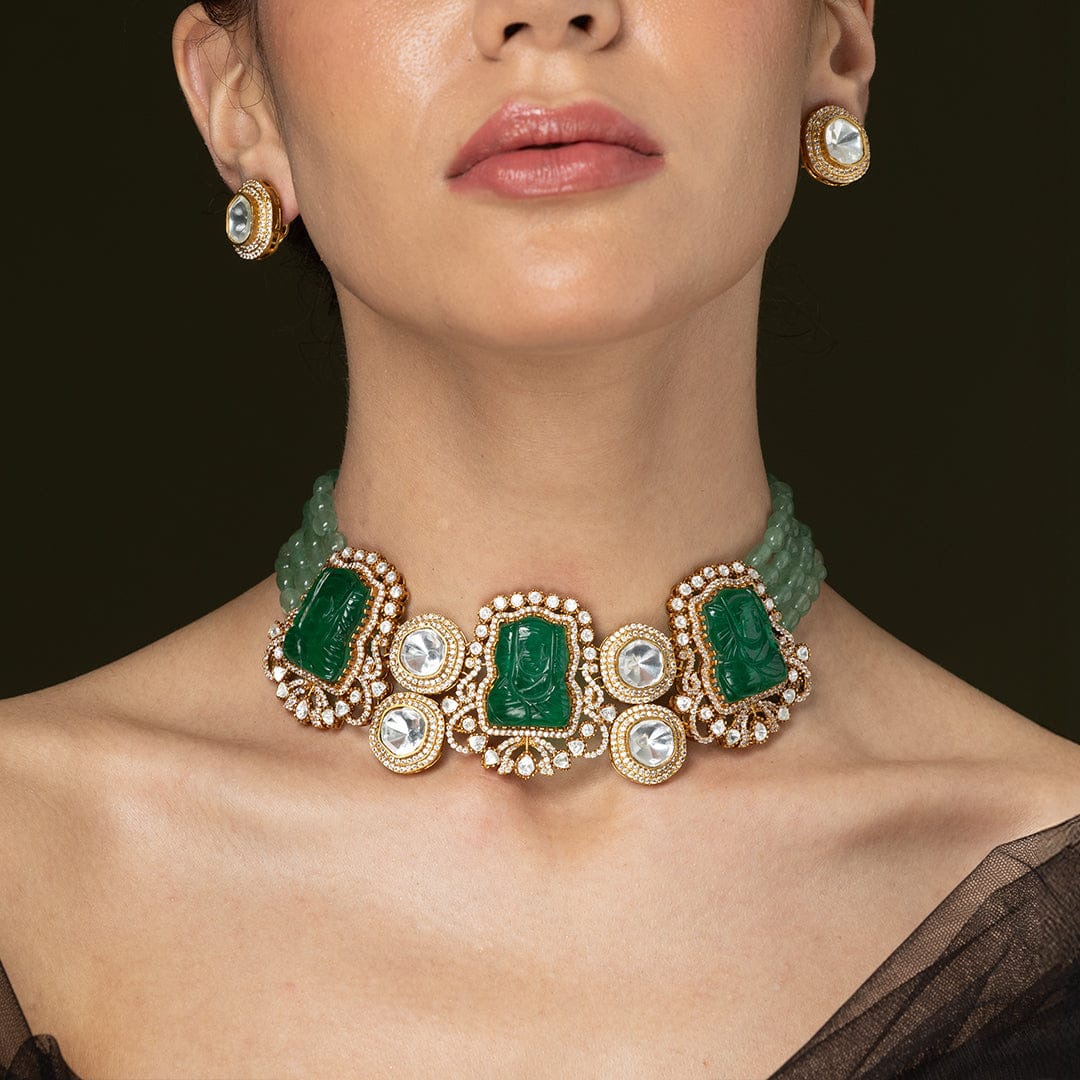 Mint Green Bead & Carved Green Stone Necklace Set - Image 2