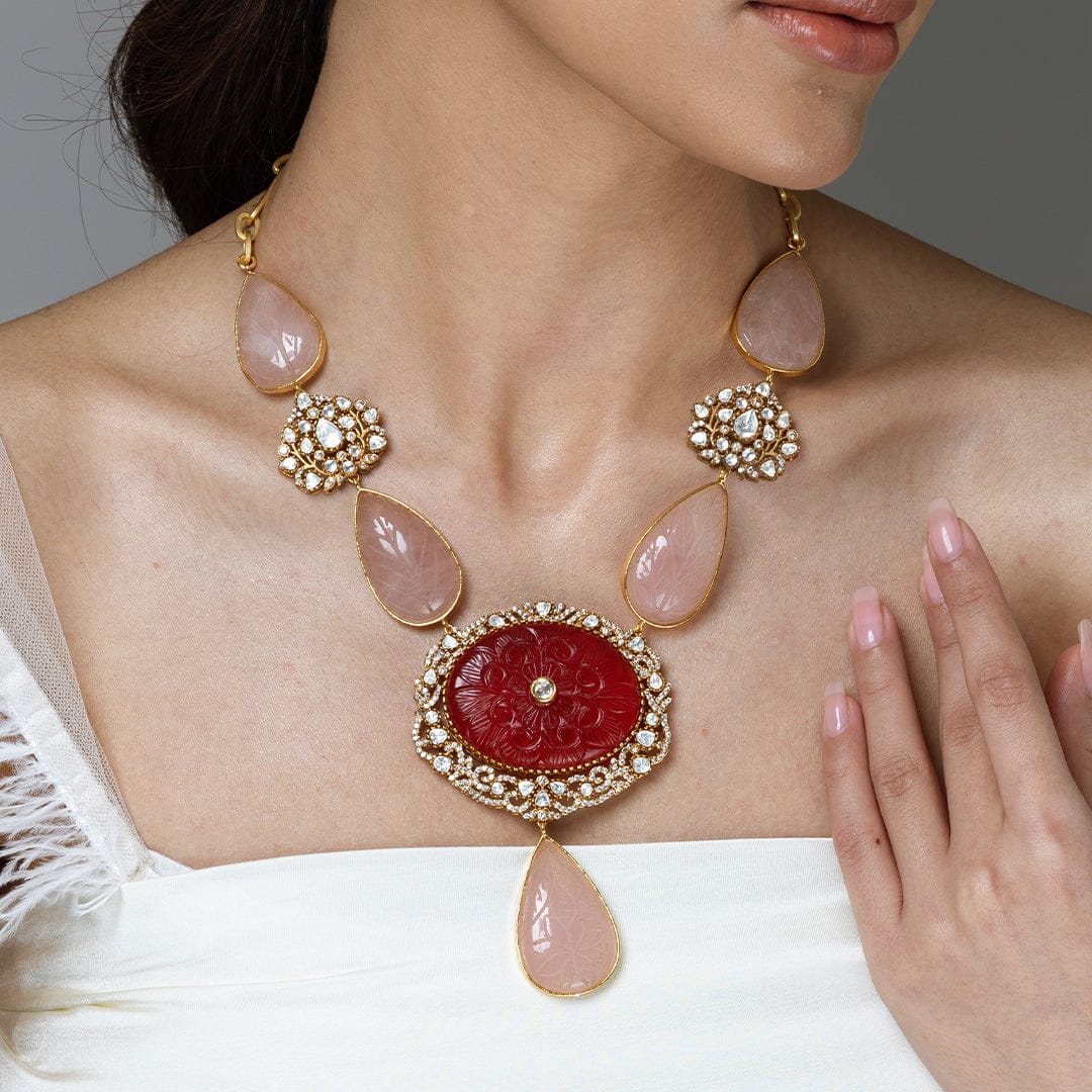 Rose Quartz & Kundan Long Necklace Set - Image 2