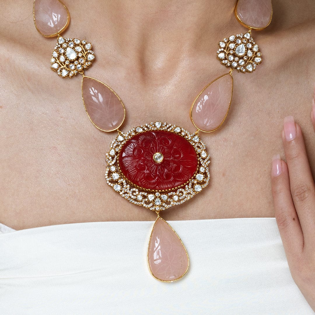 Rose Quartz & Kundan Long Necklace Set - Image 3
