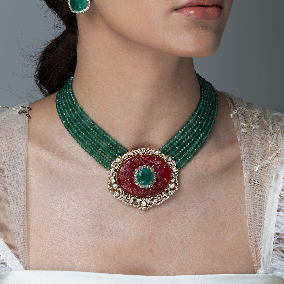 Multi-Strand Green Onyx & Red stone Pendant Necklace Set
