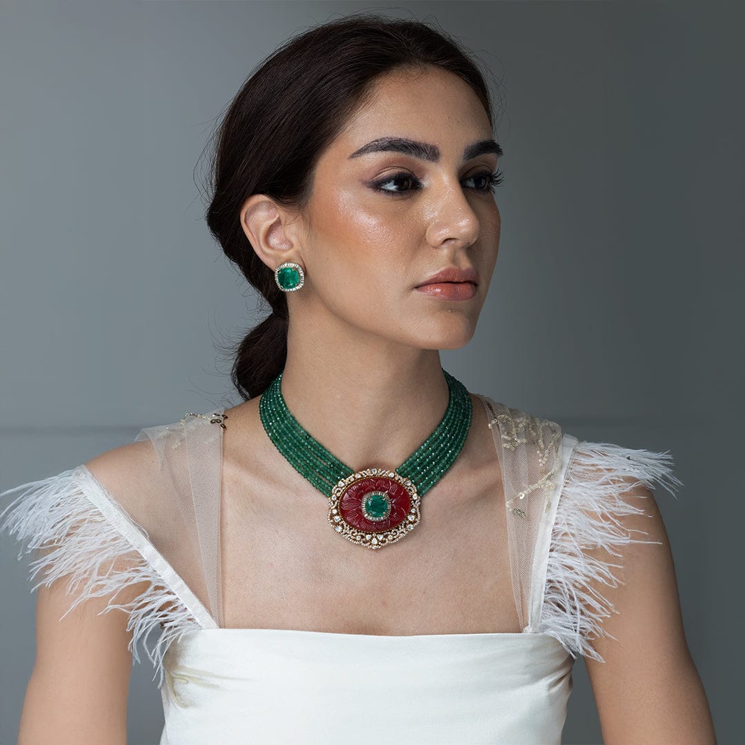 Multi-Strand Green Onyx & Red stone Pendant Necklace Set - Image 3