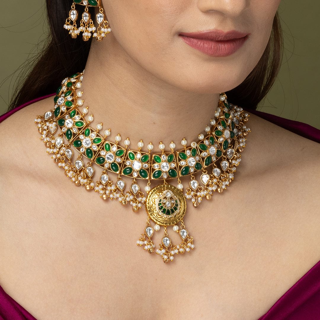 Green stone Kundan Necklace Set with Pearl Drops