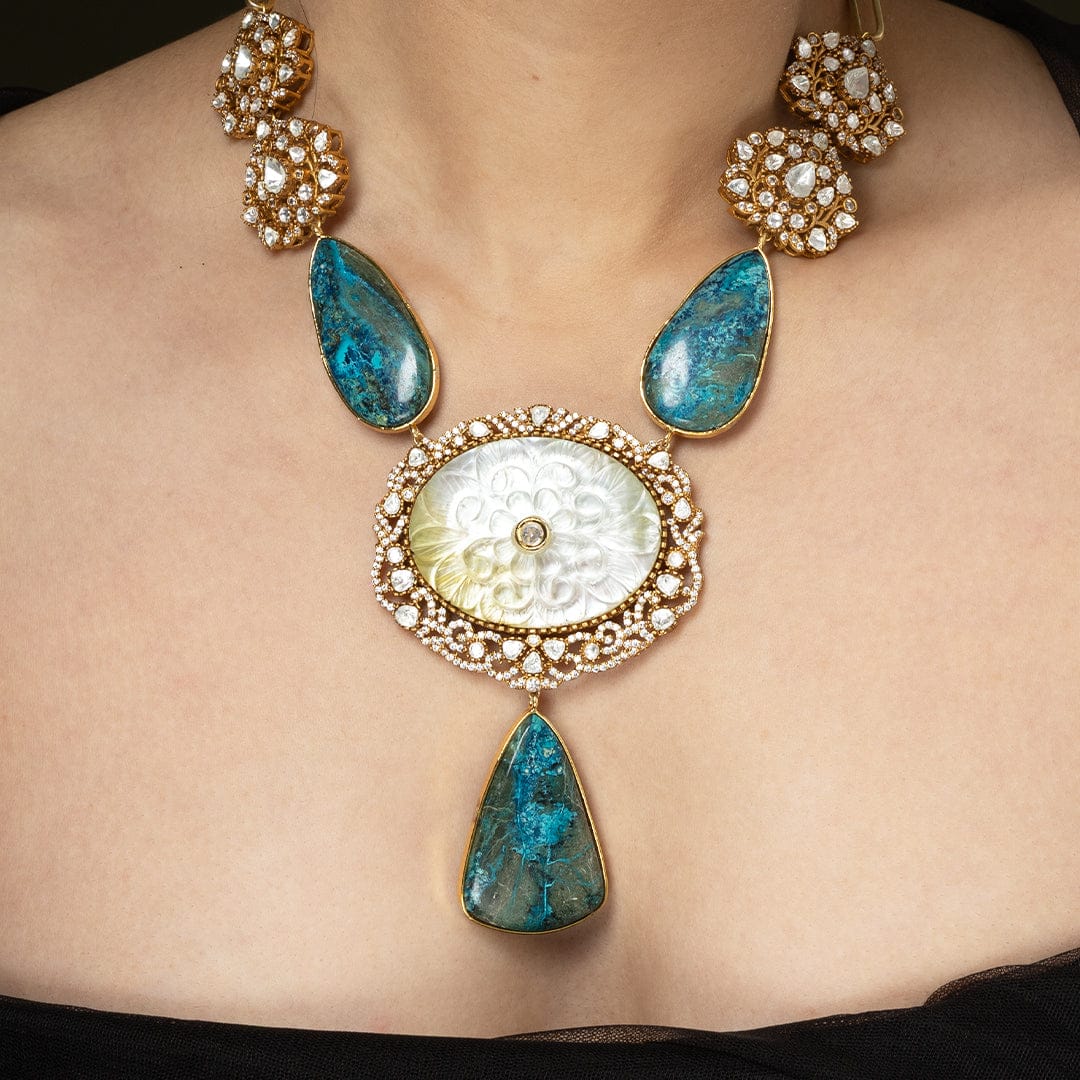 Light blue Carved Stone Long Necklace Set - Image 2