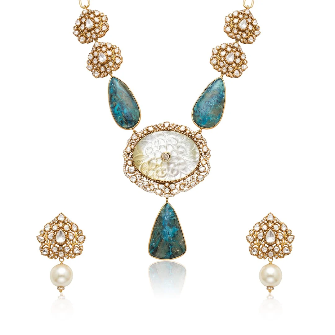 Light blue Carved Stone Long Necklace Set - Image 3