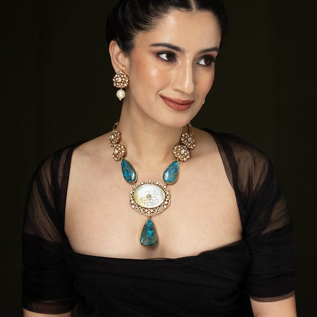 Light blue Carved Stone Long Necklace Set - Image 4