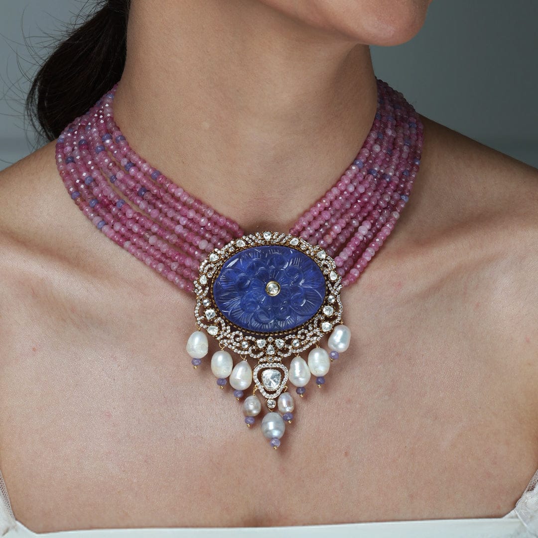 Lavender Bead & Lapis Lazuli Pendant Necklace Set