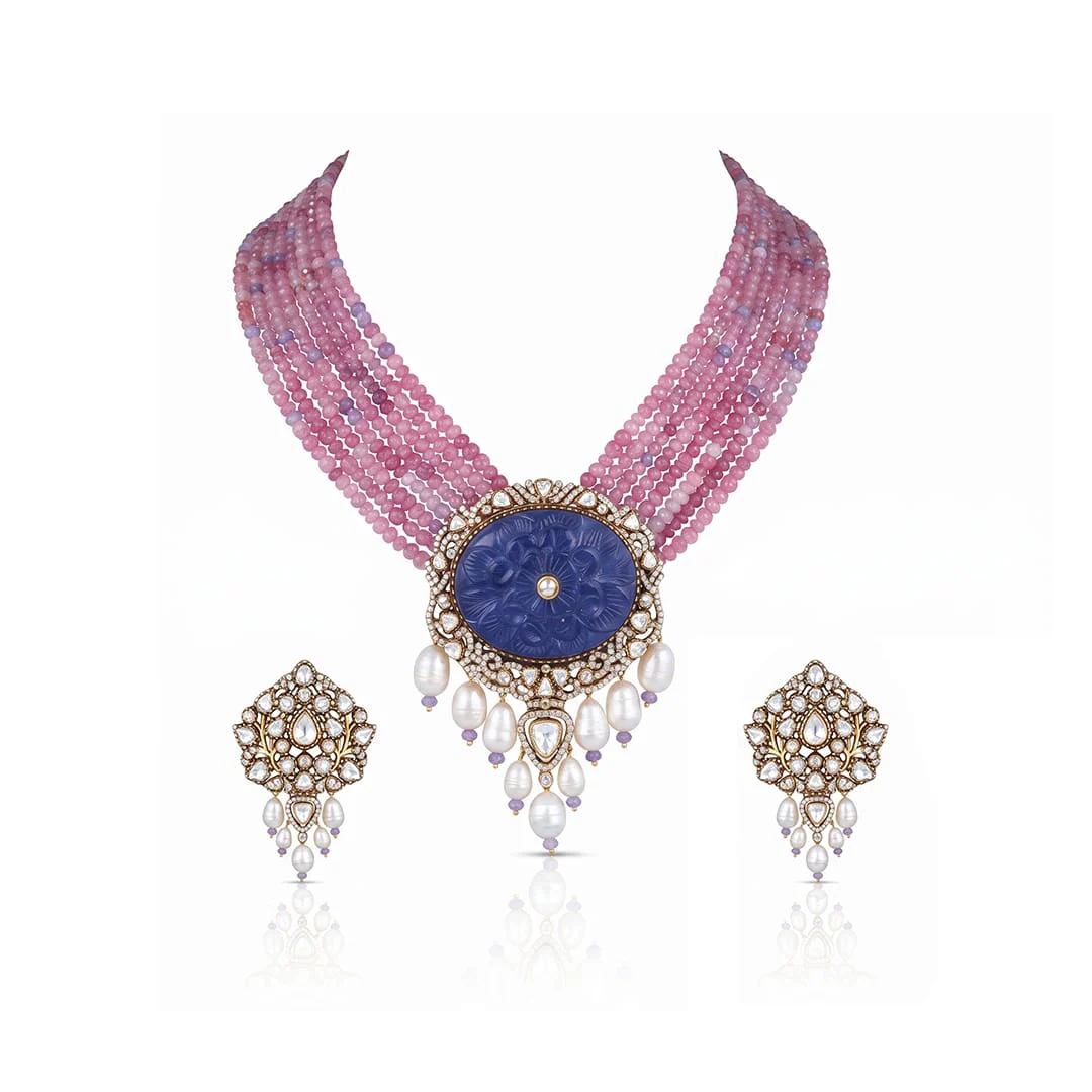 Lavender Bead & Lapis Lazuli Pendant Necklace Set - Image 2