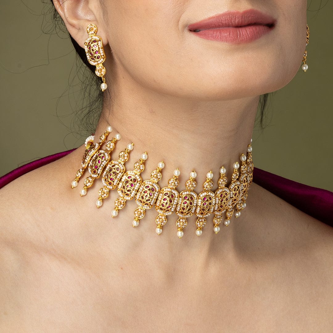 Zigzag Micro-Pearl Choker Necklace Set