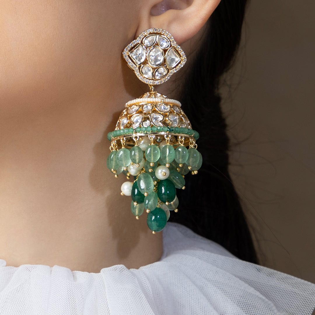 Polki And Green Beads Jhumka Earrings - Image 3