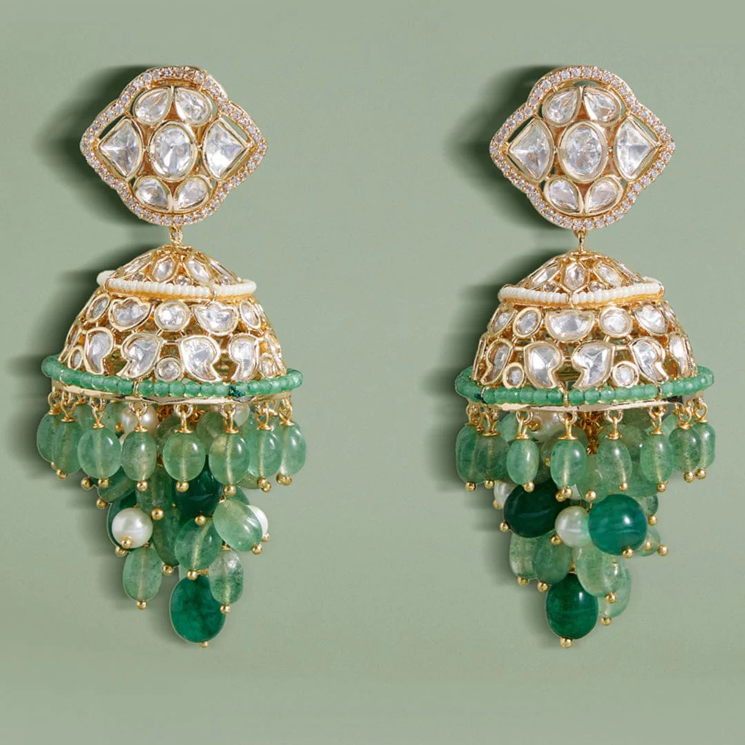 Polki And Green Beads Jhumka Earrings - Image 4