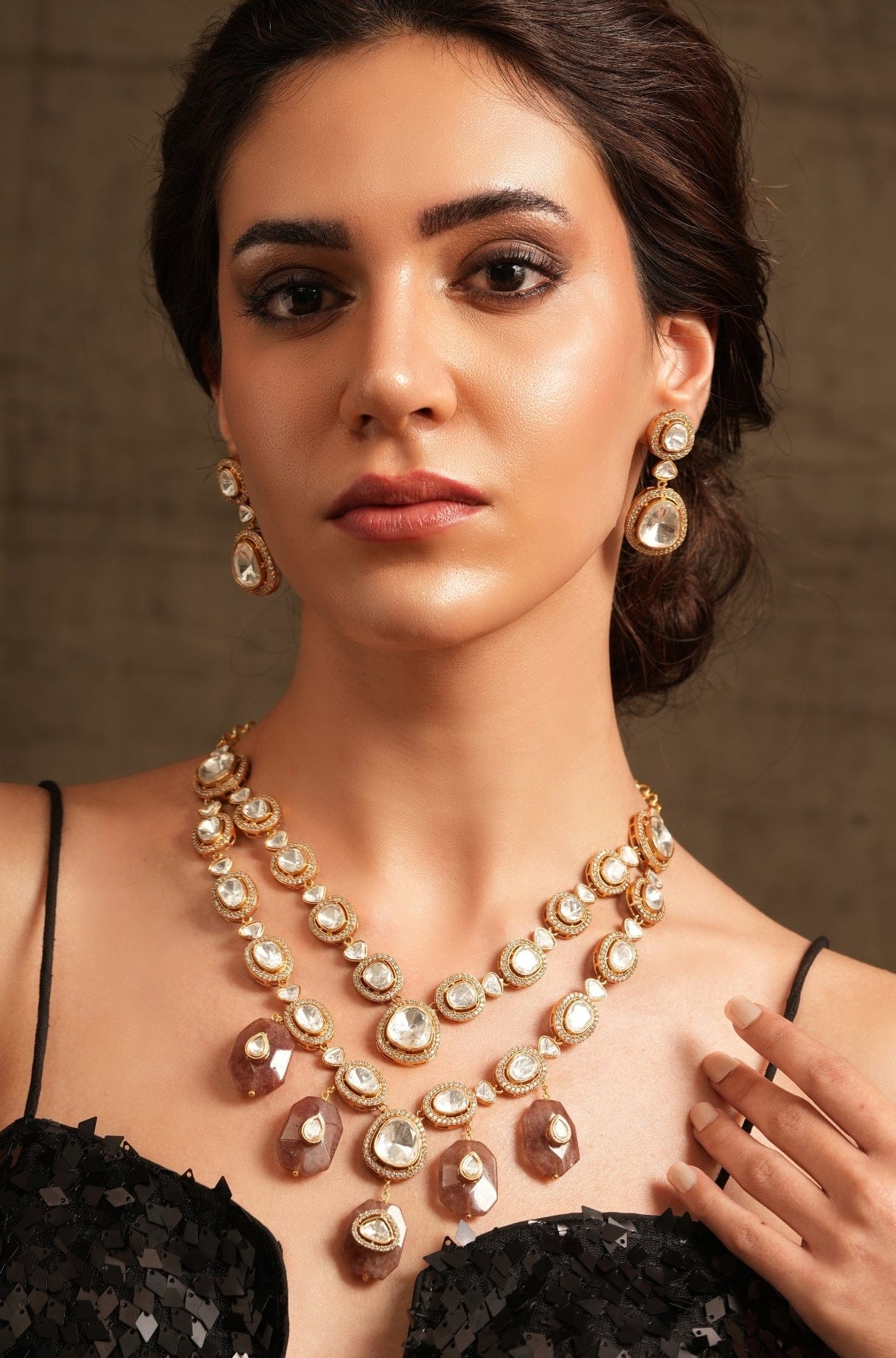 Polki Brown Drop Necklace Set - Image 3