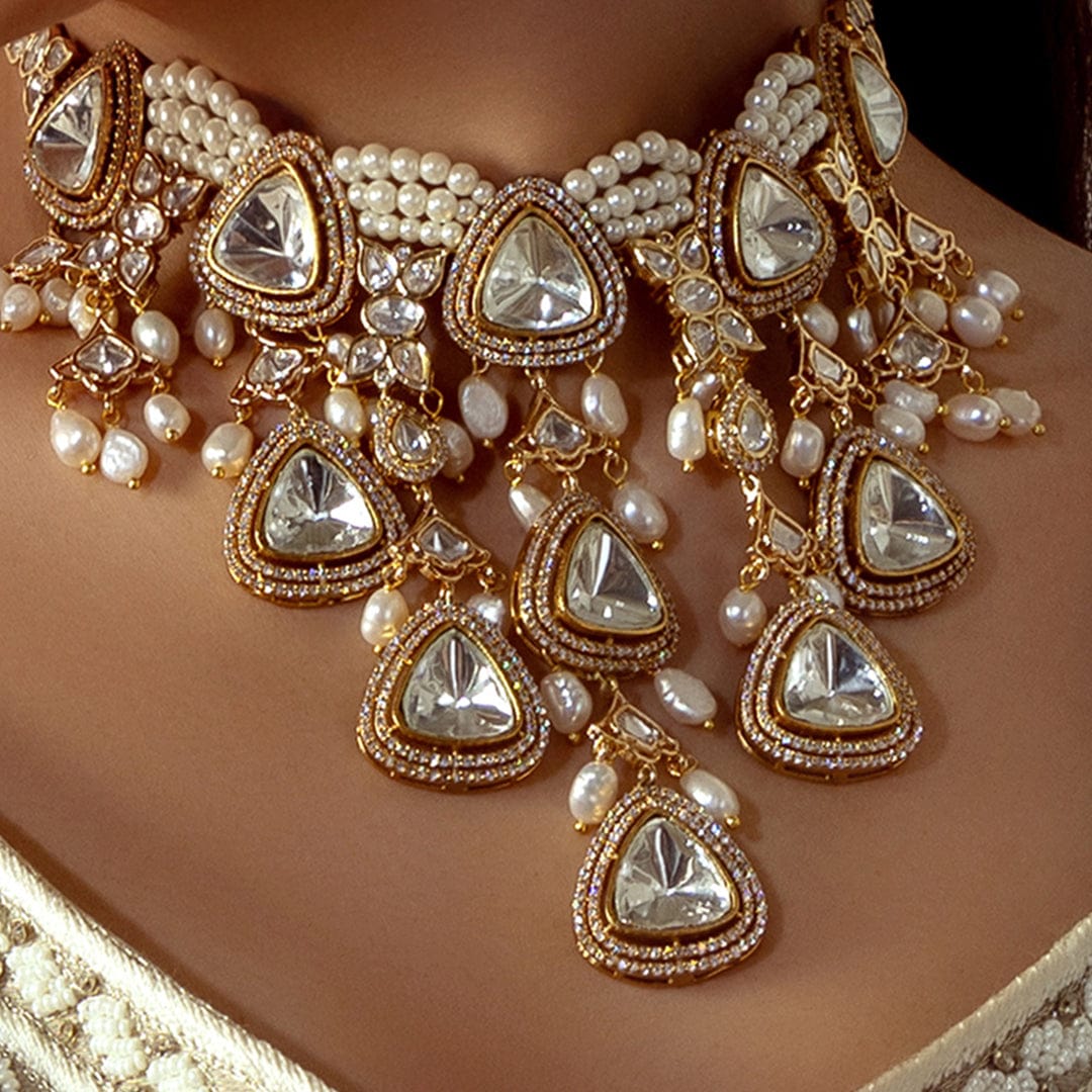 Polki & Pearl Drops Bridal Necklace Set - Image 3