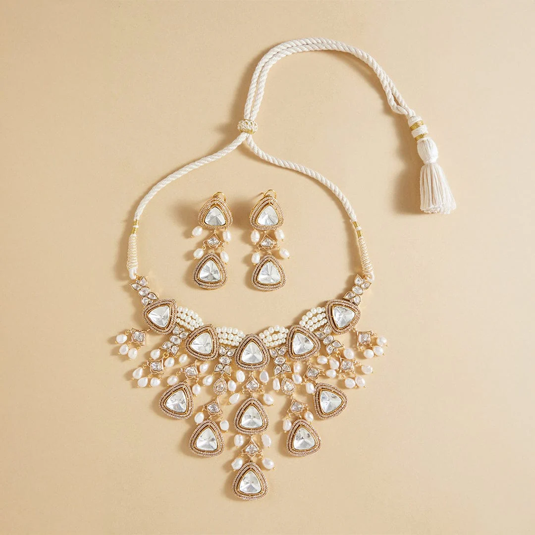 Polki & Pearl Drops Bridal Necklace Set - Image 4