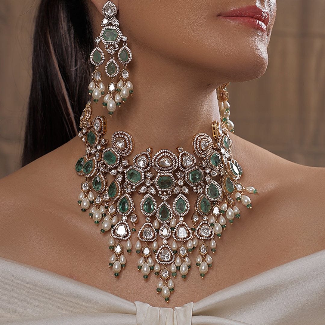 Regal Polki Pearl Green Bridal Set - Image 3