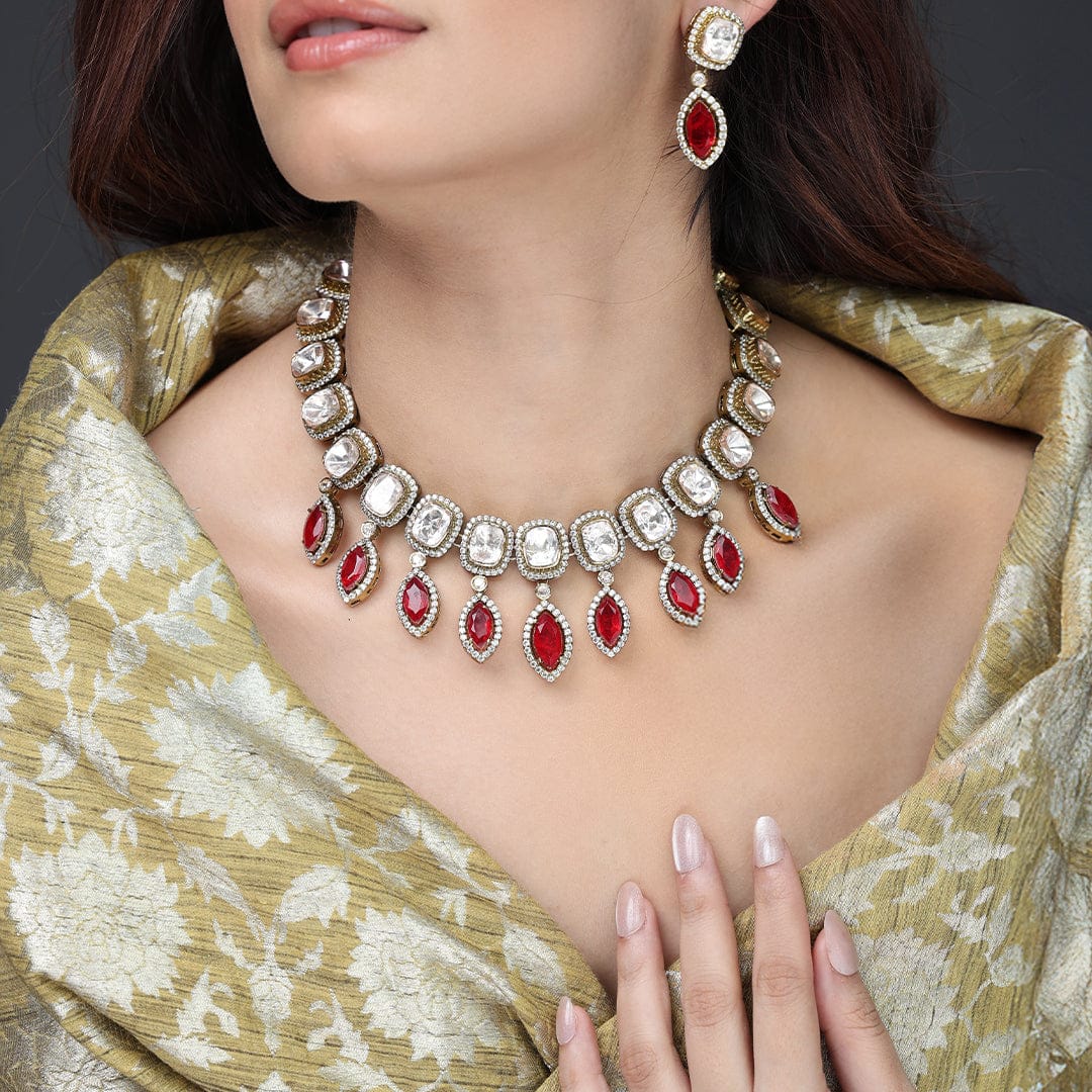 Ruby Teardrop Halo Necklace Set