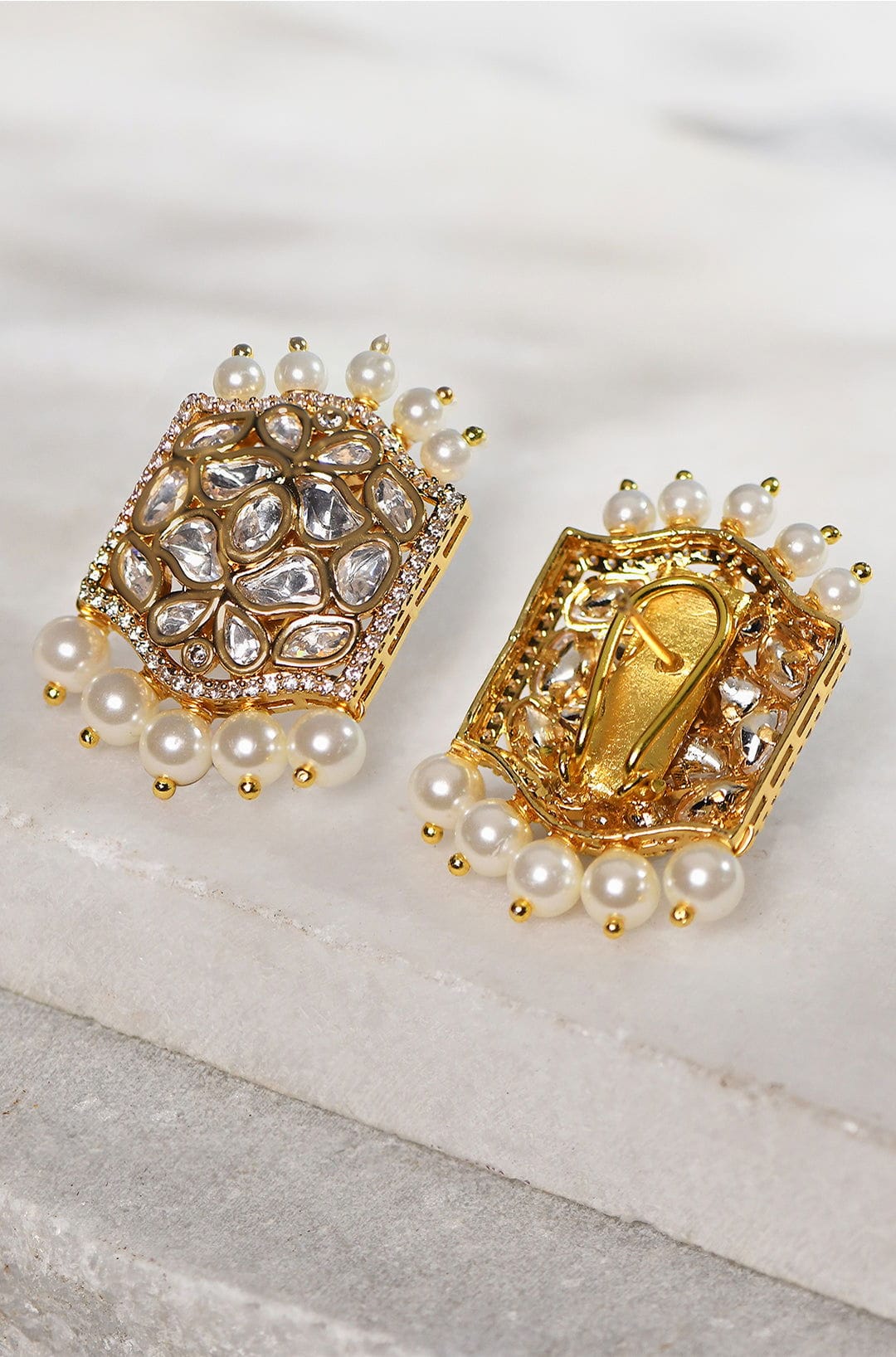 Stud Earrings With Polki And Pearls - Image 2