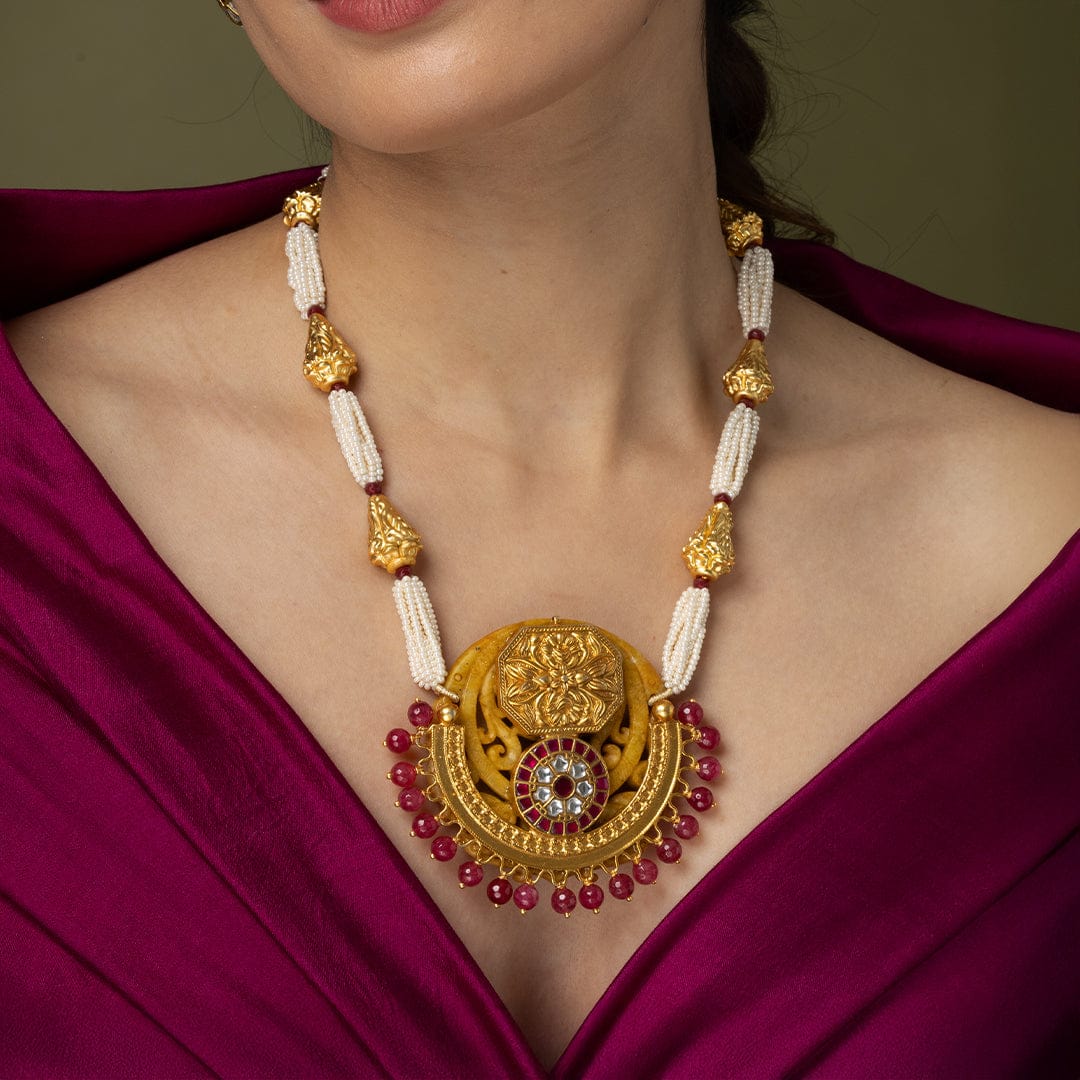 Gold Plated Medallion & Pearl Long Necklace Set