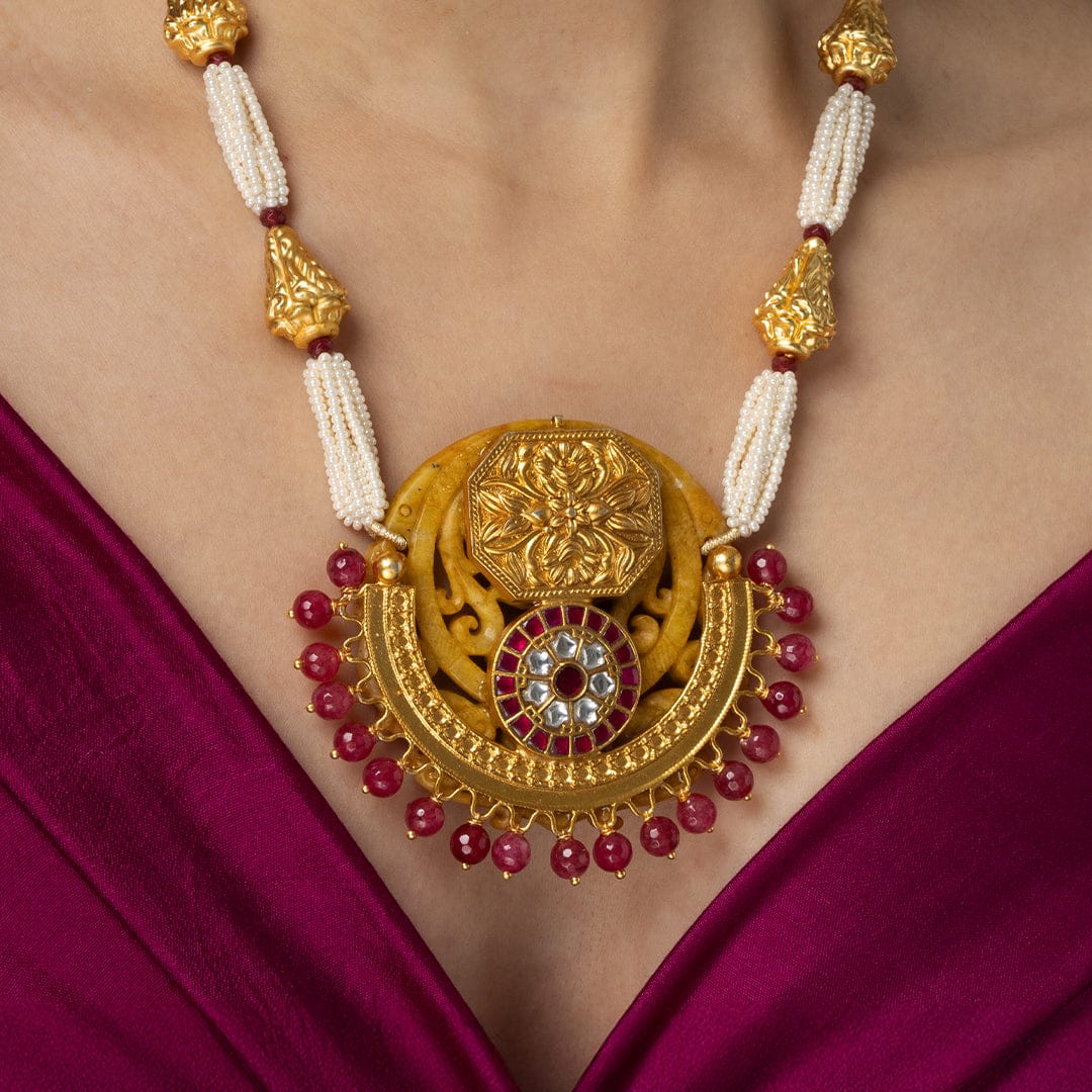 Gold Plated Medallion & Pearl Long Necklace Set - Image 2