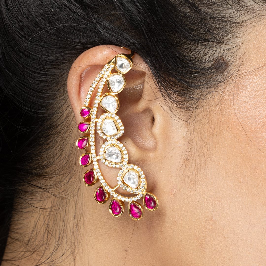 Vibrant Red & White Stone Cuffs Earrings - Image 3