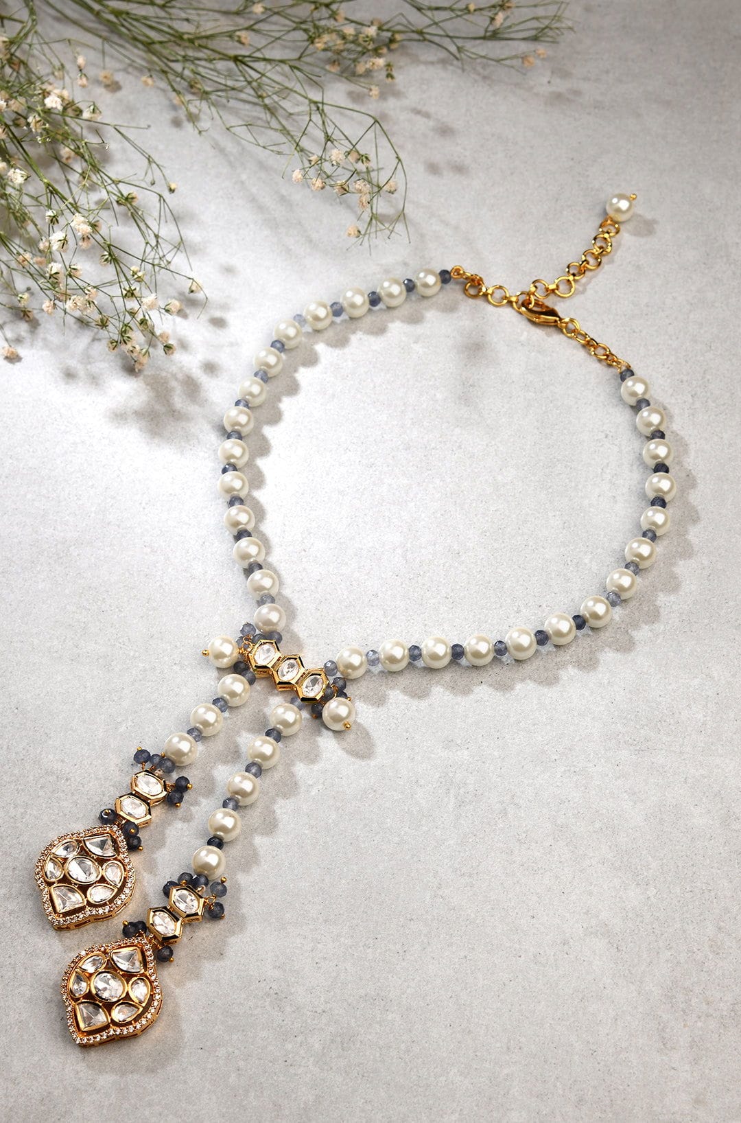 White Pearl Long Necklace With Polki - Image 3