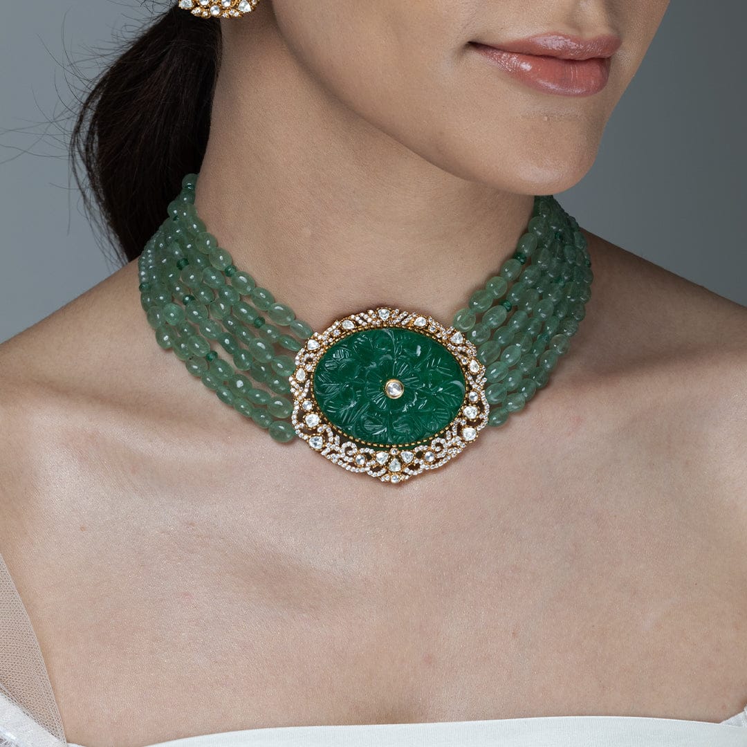 Jahnavi Emerald Polki Necklace Set