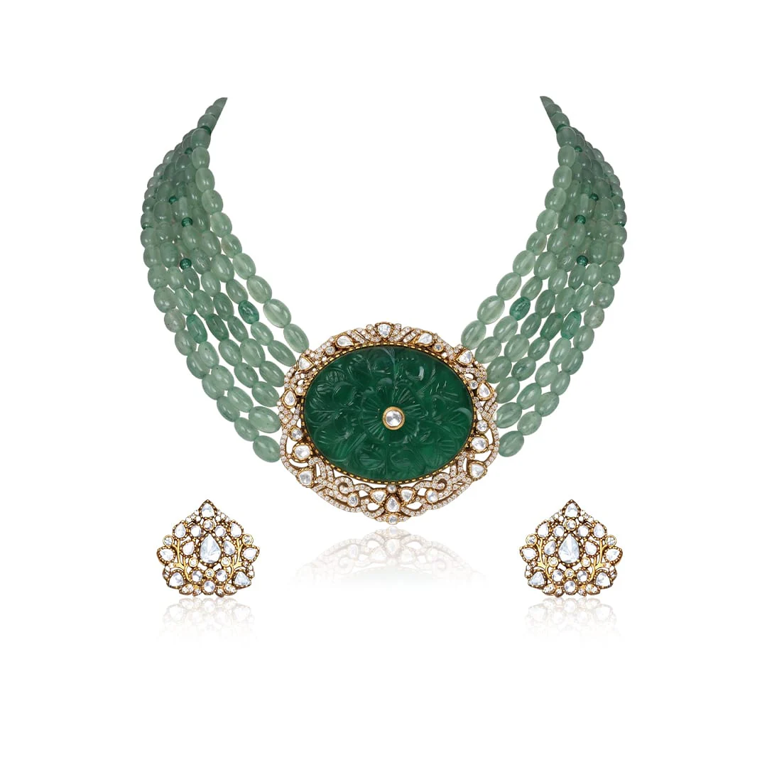 Jahnavi Emerald Polki Necklace Set - Image 2