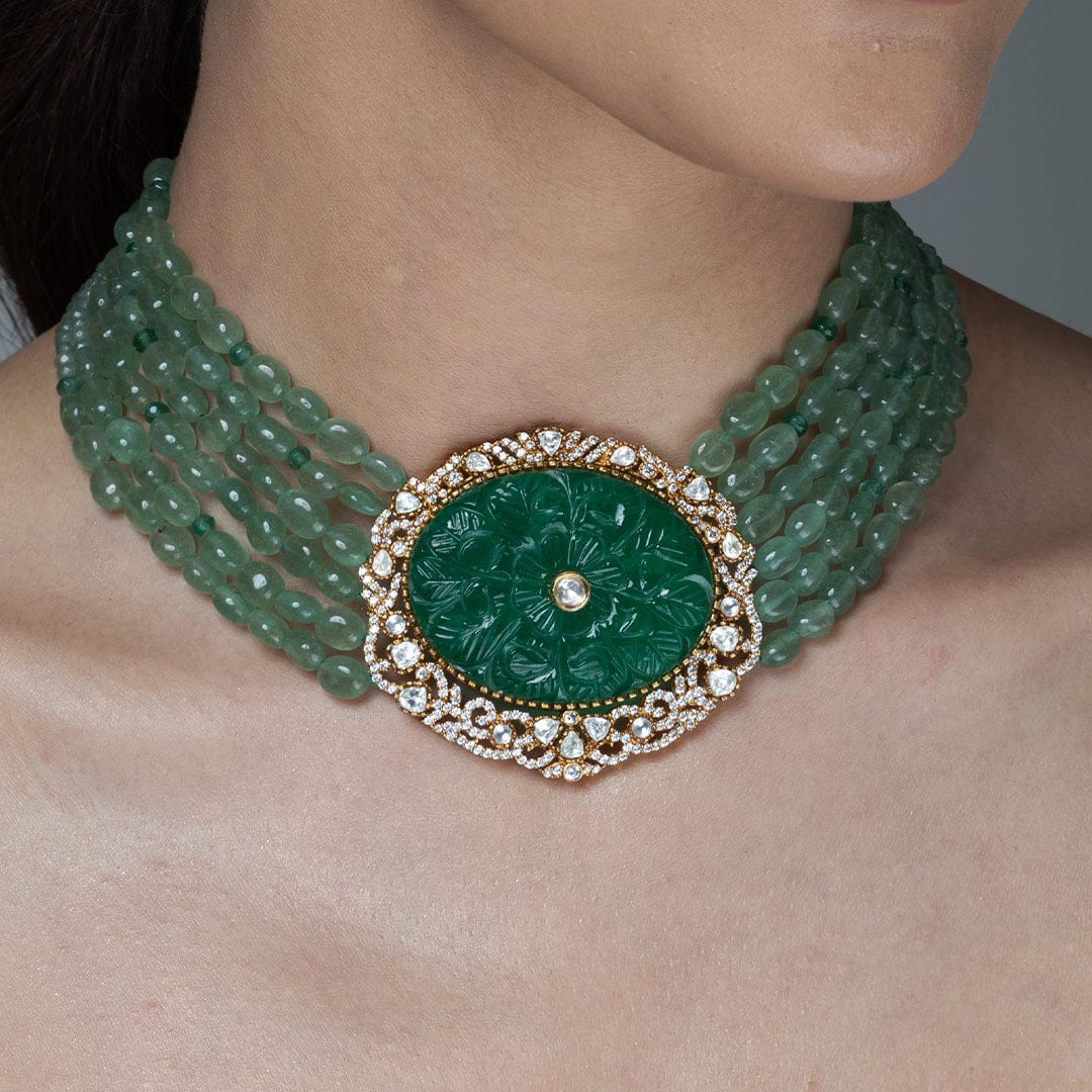 Jahnavi Emerald Polki Necklace Set - Image 3