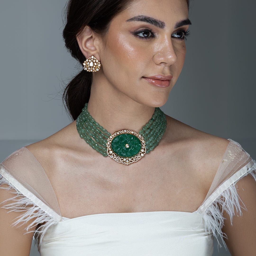 Jahnavi Emerald Polki Necklace Set - Image 4